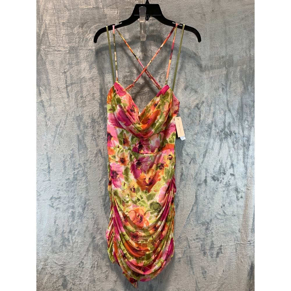 City Studio Womens XXL Fuchsia Orange Floral Mesh Ruched Cowl Neck Dress 7623-YQ